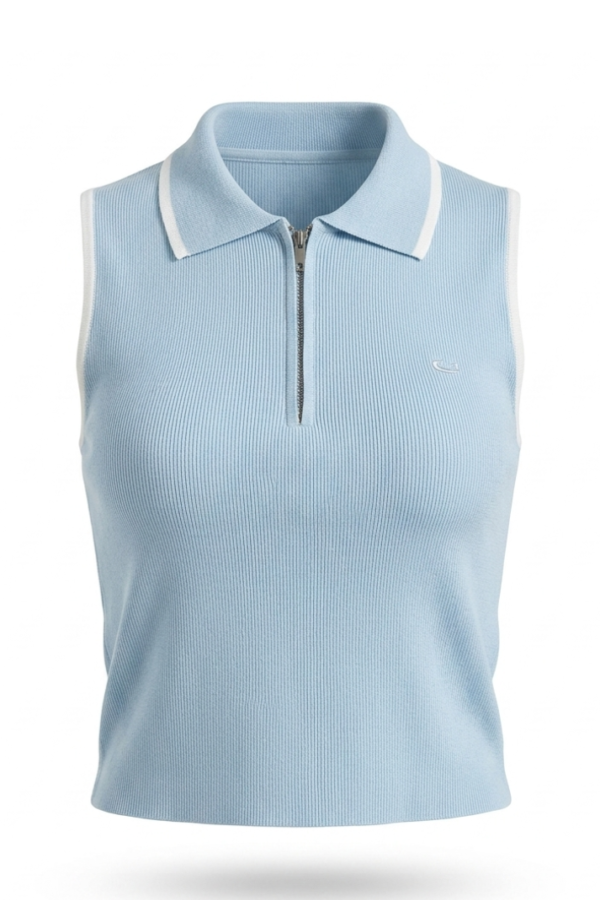 Women Blue Ribbed Zip Top