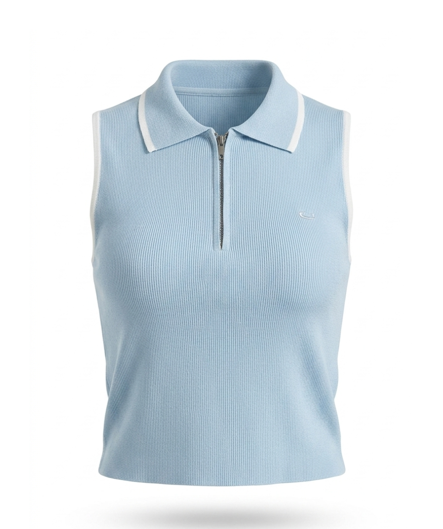 Women Blue Ribbed Zip Top - Image 2