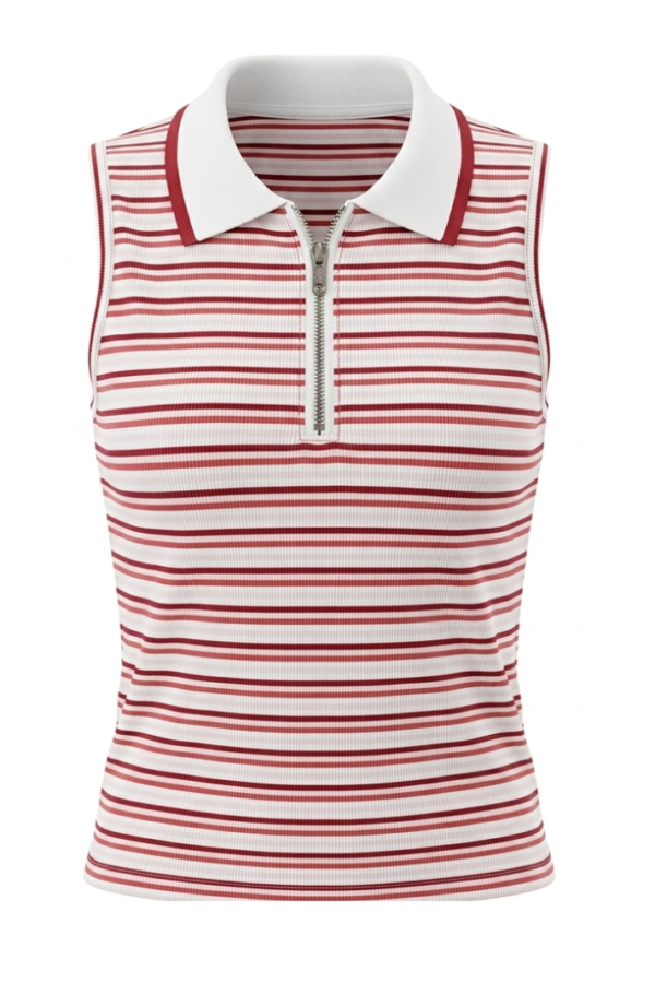 Women Striped Zip Polo Top