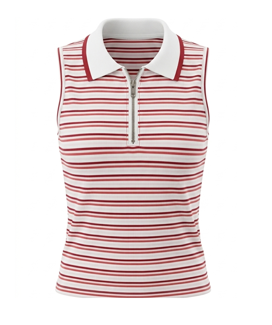 Women Striped Zip Polo Top - Image 2