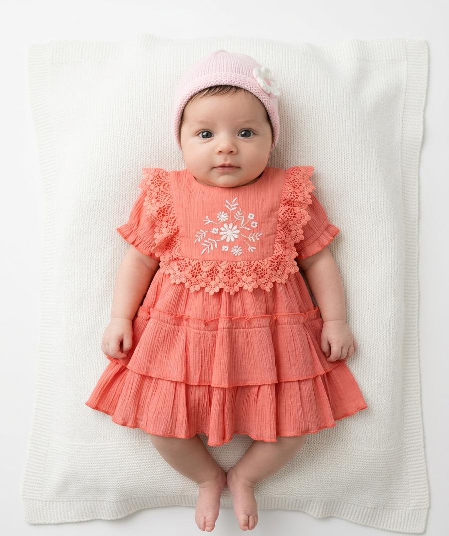 Baby Girls Peach Tiered Dress - Image 4