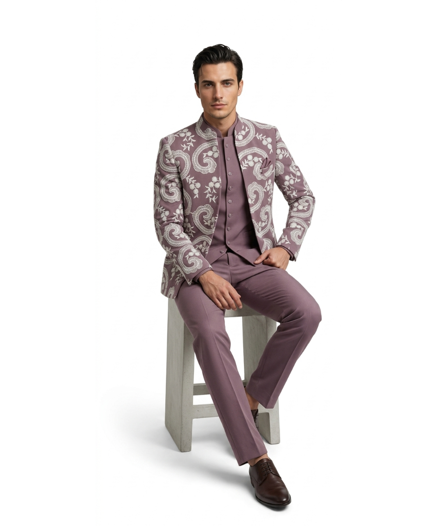 Mauve Floral Embroidered Jodhpuri Suit - Image 3