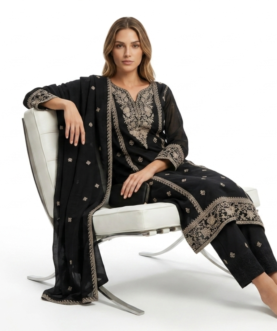 Black Embroidered Straight Kurta Set - Image 3