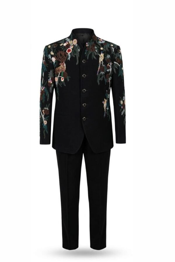 Black Embroidered Floral Bandhgala Suit