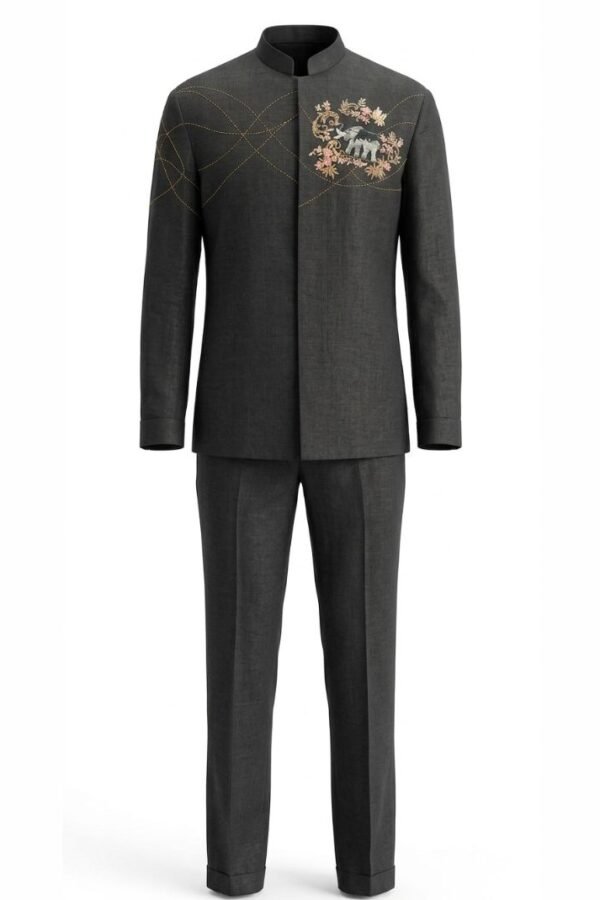 Grey Embroidered Bandhgala Suit Set