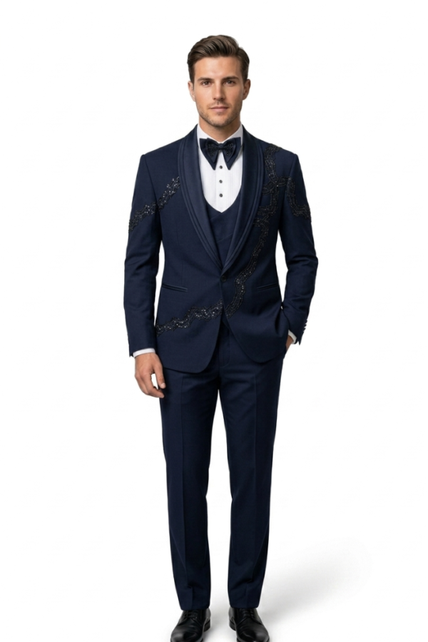 Navy Embellished Shawl Tuxedo Suit