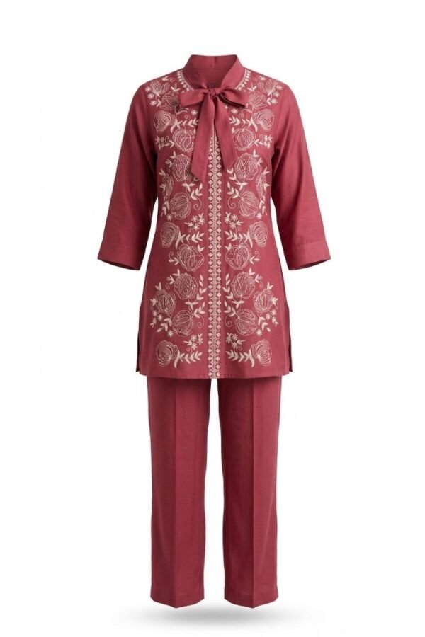 Maroon Embroidered Pant Set