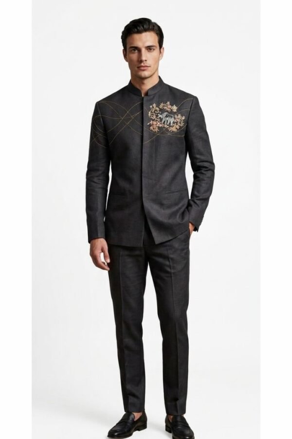 Grey Embroidered Bandhgala Suit Set