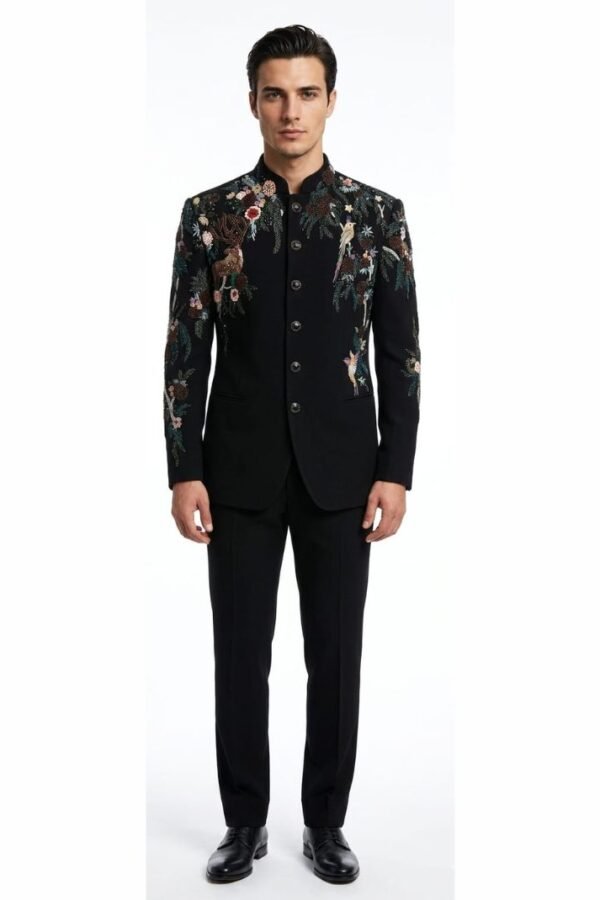 Black Embroidered Floral Bandhgala Suit