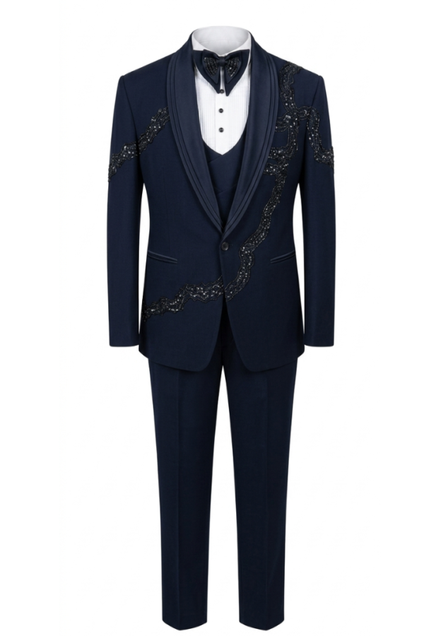 Navy Embellished Shawl Tuxedo Suit