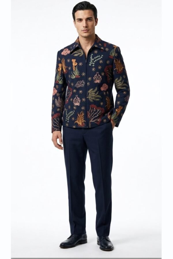 Men Embroidered Zipper Suit Set