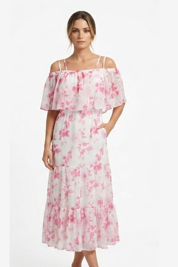 Pink Floral Cold Shoulder Dress