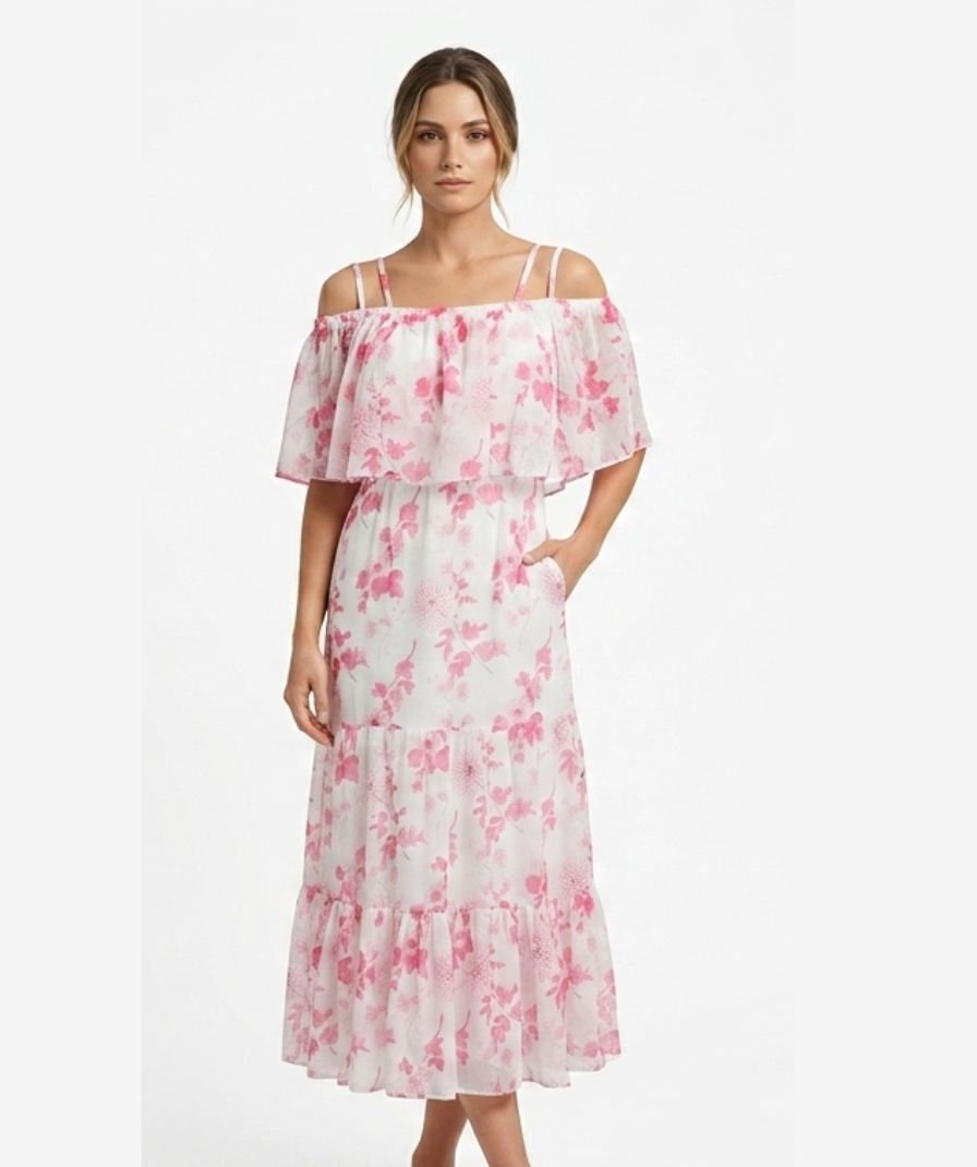 Pink Floral Cold Shoulder Dress