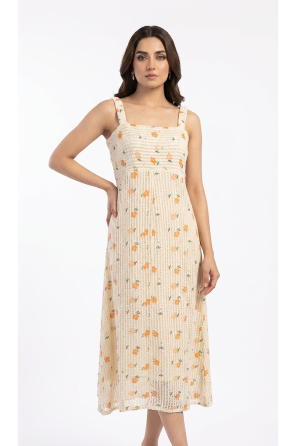 Floral Print Textured Midi Dress