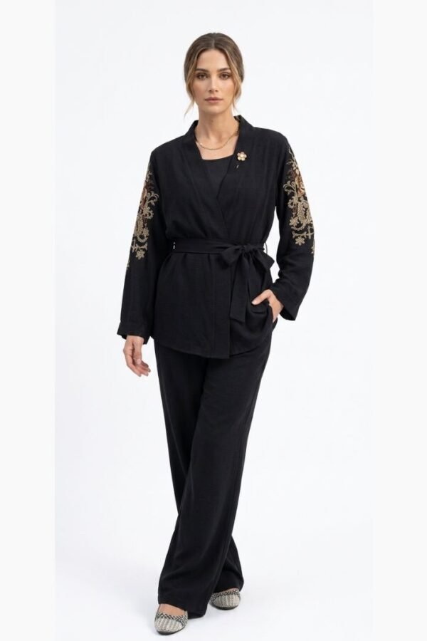 Black Embroidered Belted Co-ord Set
