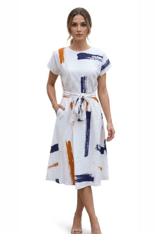 Abstract Print Belted Midi Dress