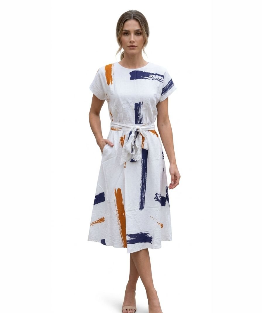 Abstract Print Belted Midi Dress