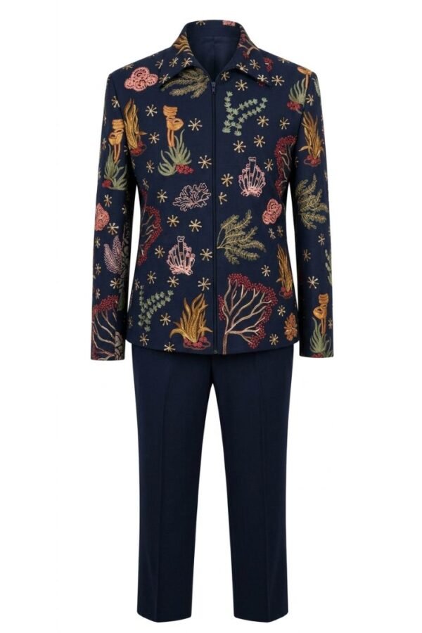 Men Embroidered Zipper Suit Set