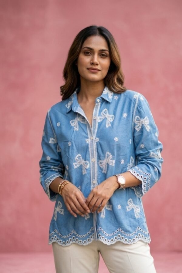 Blue Bow Embroidered Linen Shirt