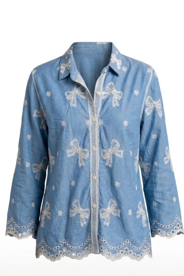 Blue Bow Embroidered Linen Shirt