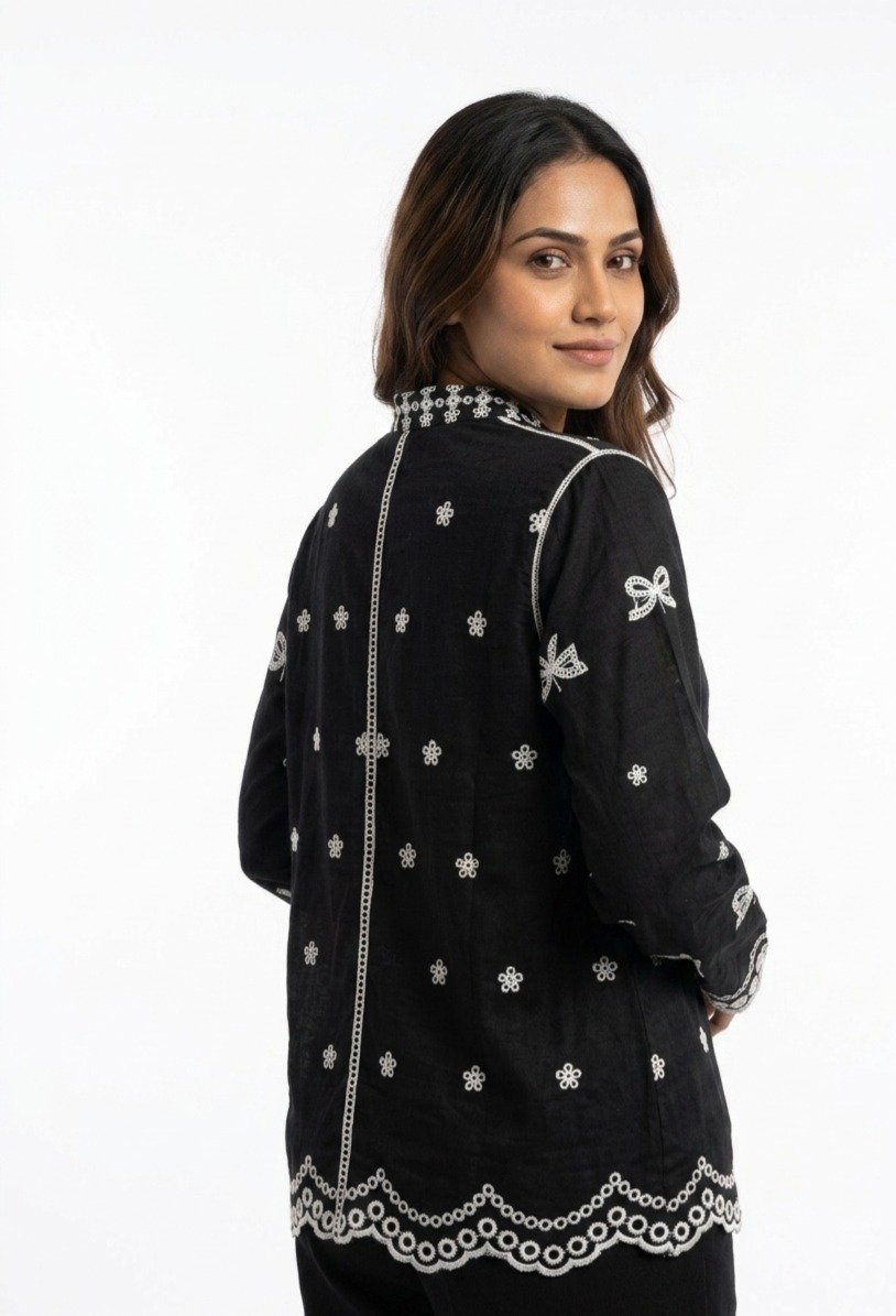 Black Bow Embroidered Linen Shirt - Image 2