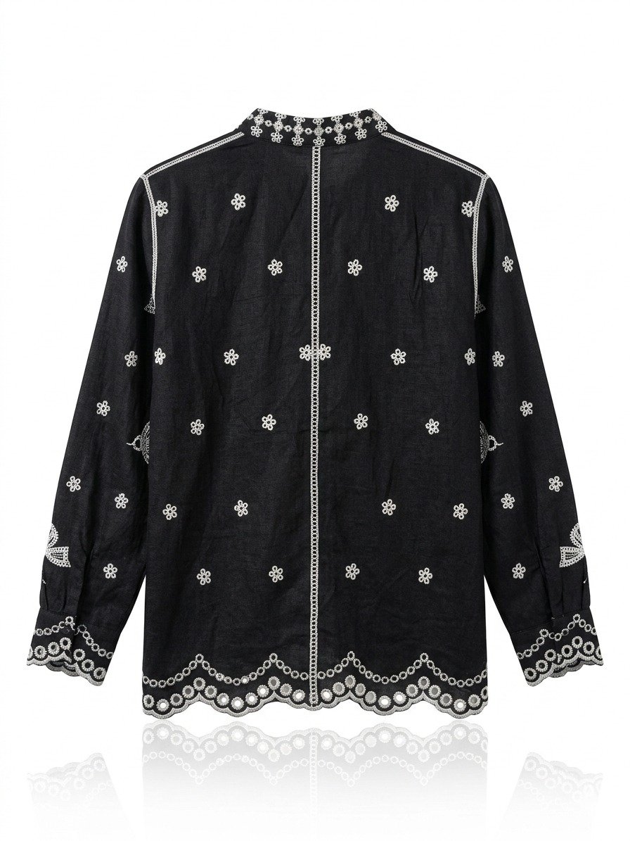 Black Bow Embroidered Linen Shirt - Image 3