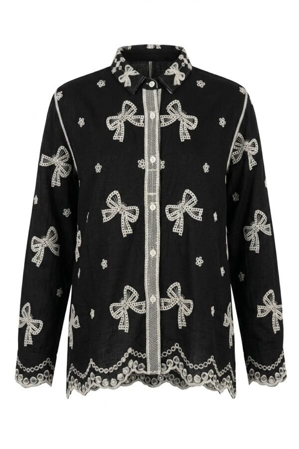 Black Bow Embroidered Linen Shirt
