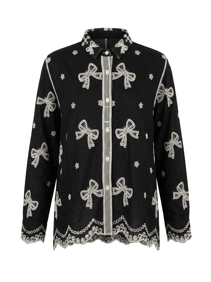 Black Bow Embroidered Linen Shirt