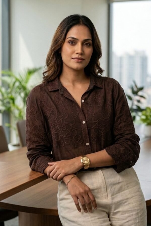 Brown Floral Embroidered Linen Shirt