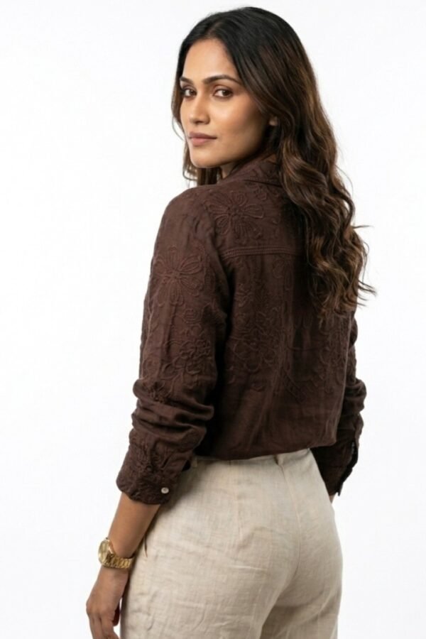 Brown Floral Embroidered Linen Shirt