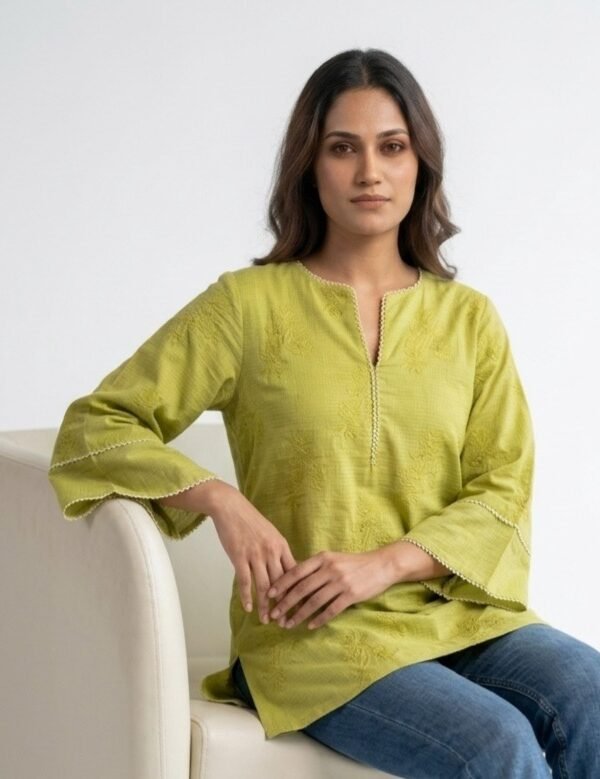 Lime Green Embroidered Flared Tunic