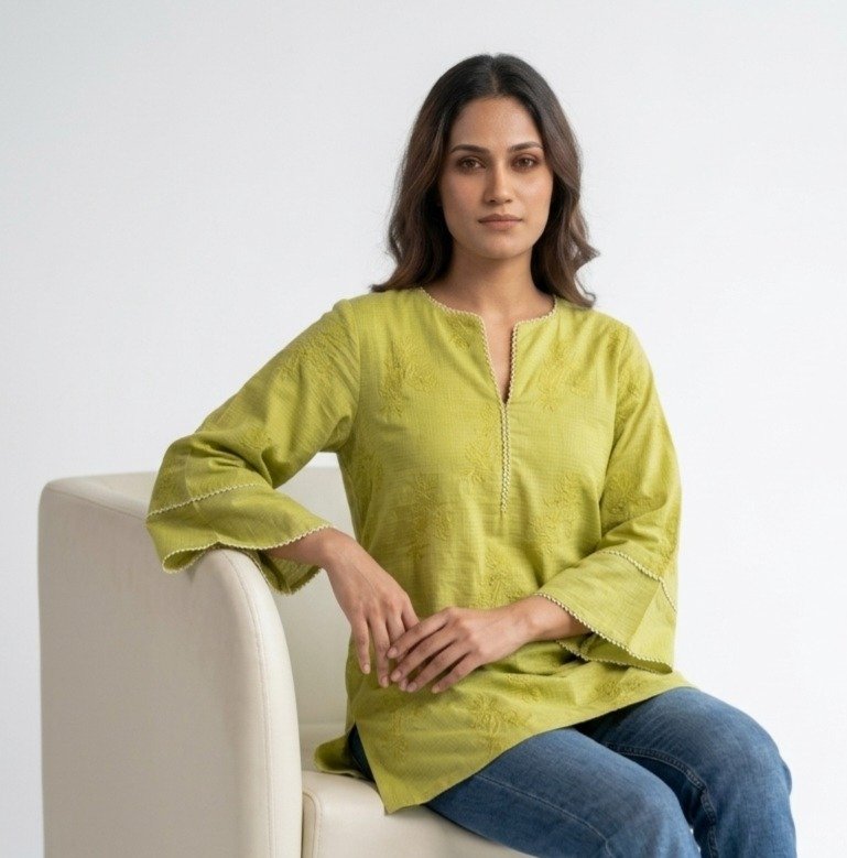 Lime Green Embroidered Flared Tunic