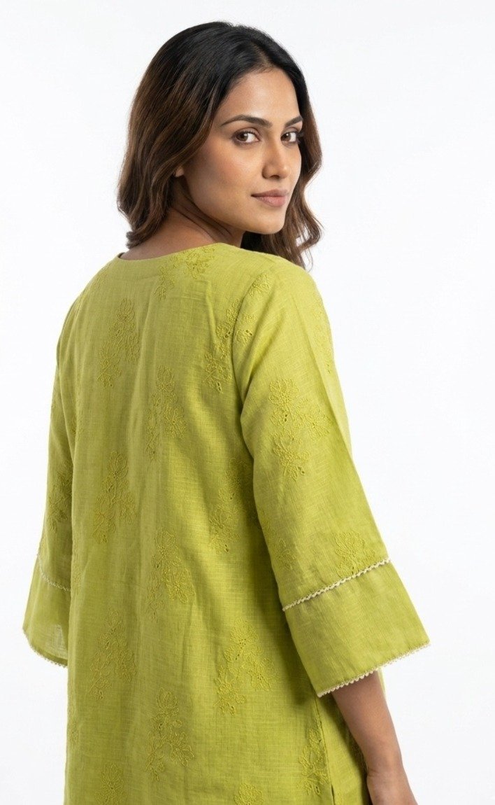 Lime Green Embroidered Flared Tunic - Image 3