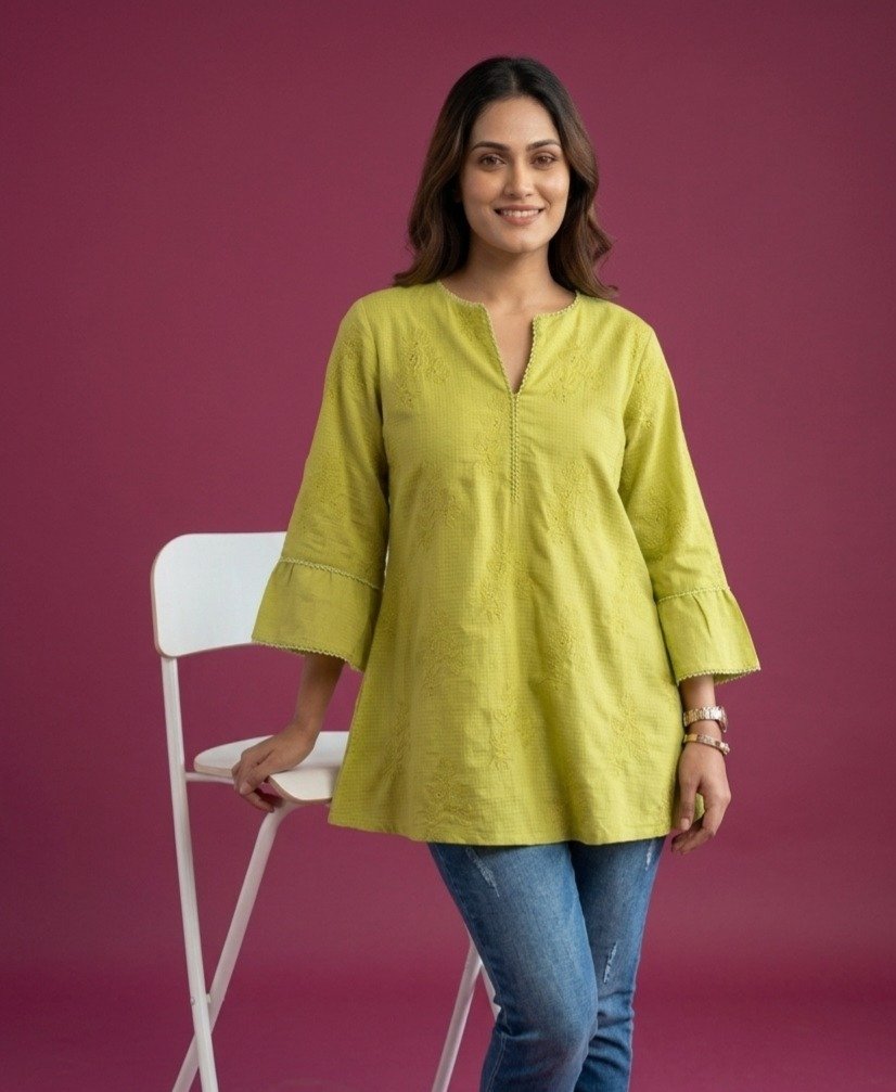 Lime Green Embroidered Flared Tunic - Image 2