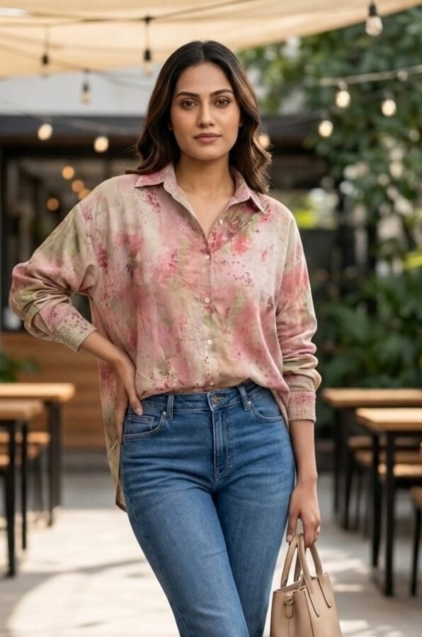 Pink Abstract Print Linen Shirt