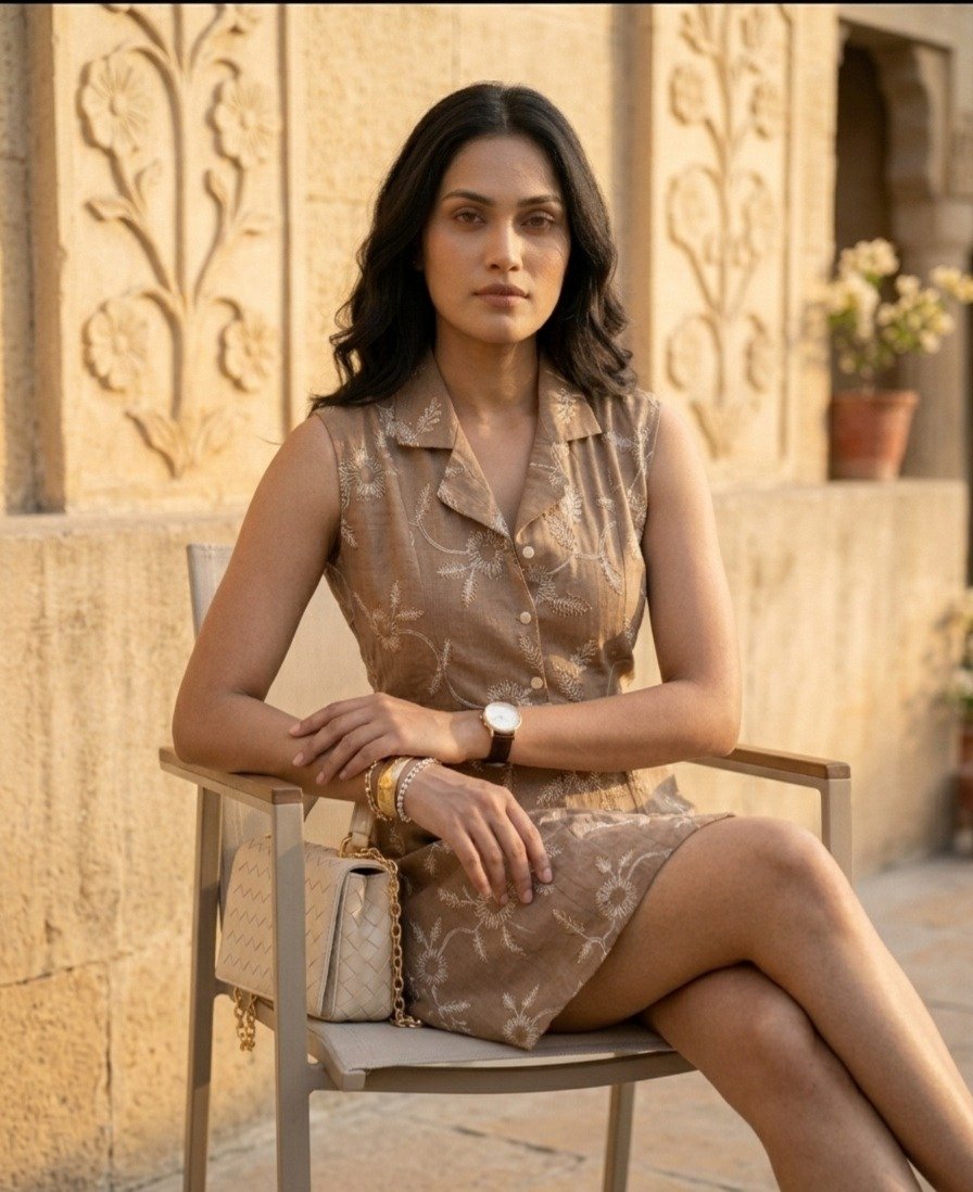 Embroidered Brown Sleeveless Linen Dress - Image 3