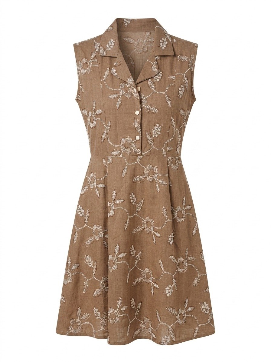 Embroidered Brown Sleeveless Linen Dress - Image 4