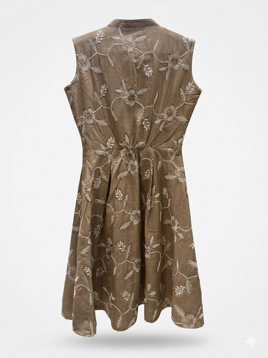 Embroidered Brown Sleeveless Linen Dress - Image 5