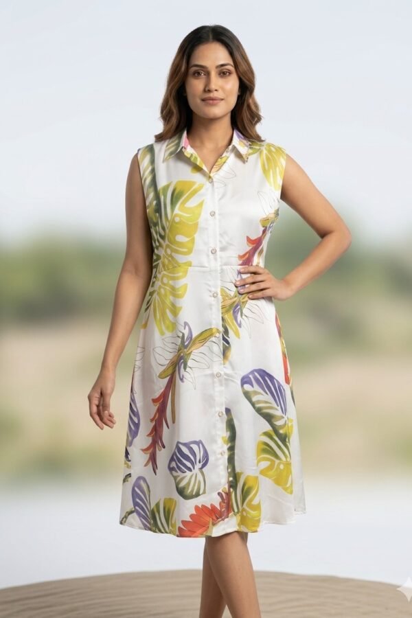 Tropical Print Sleeveless Shirt Dress