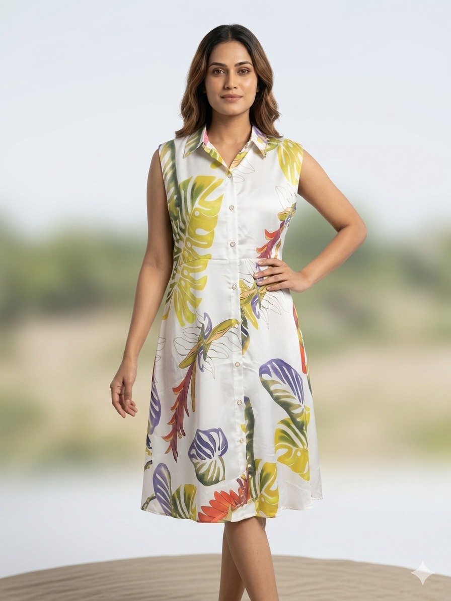 Tropical Print Sleeveless Shirt Dress