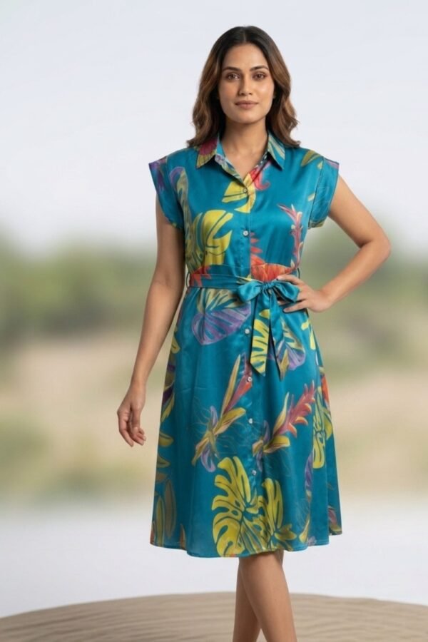 Teal Tropical Print Shirt Dress