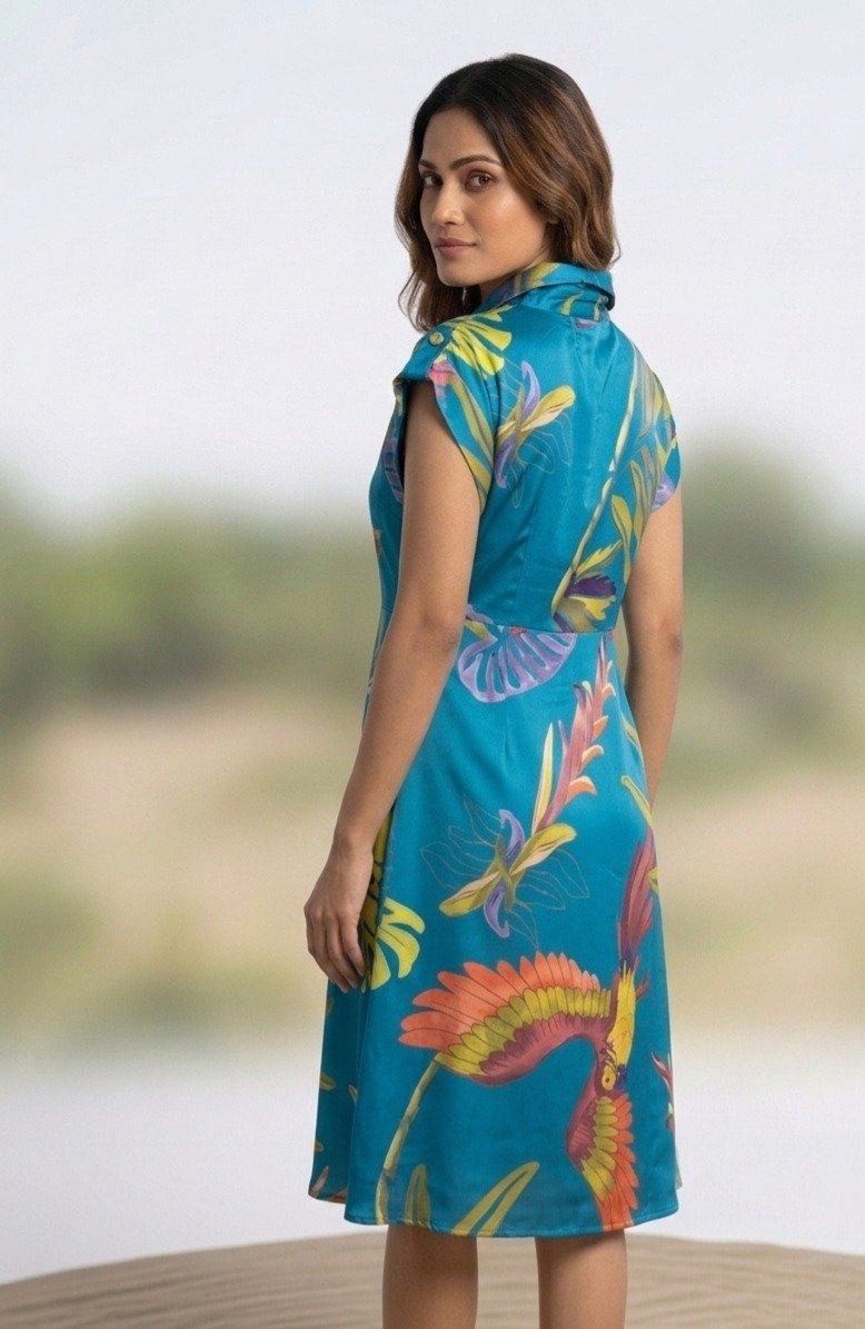 Teal Tropical Print Shirt Dress - Image 3