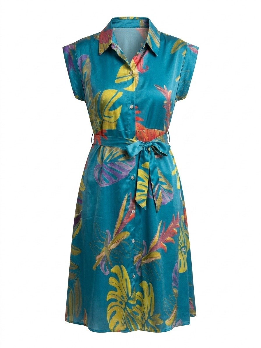 Teal Tropical Print Shirt Dress - Image 4