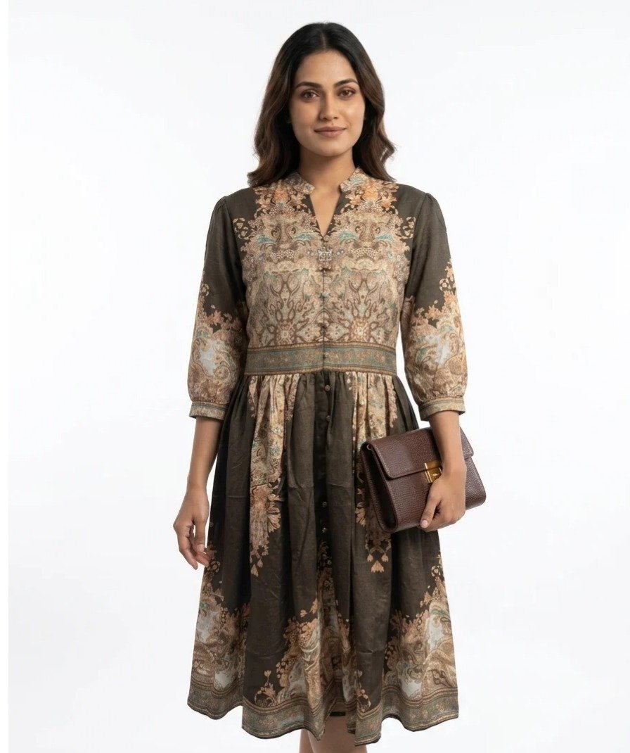 Printed Brown Ethnic Midi Dress