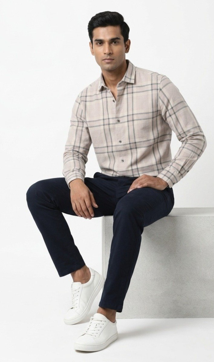 Beige Checked Formal Linen Shirt - Image 5