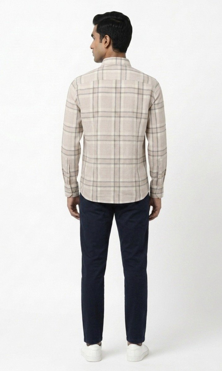 Beige Checked Formal Linen Shirt - Image 2