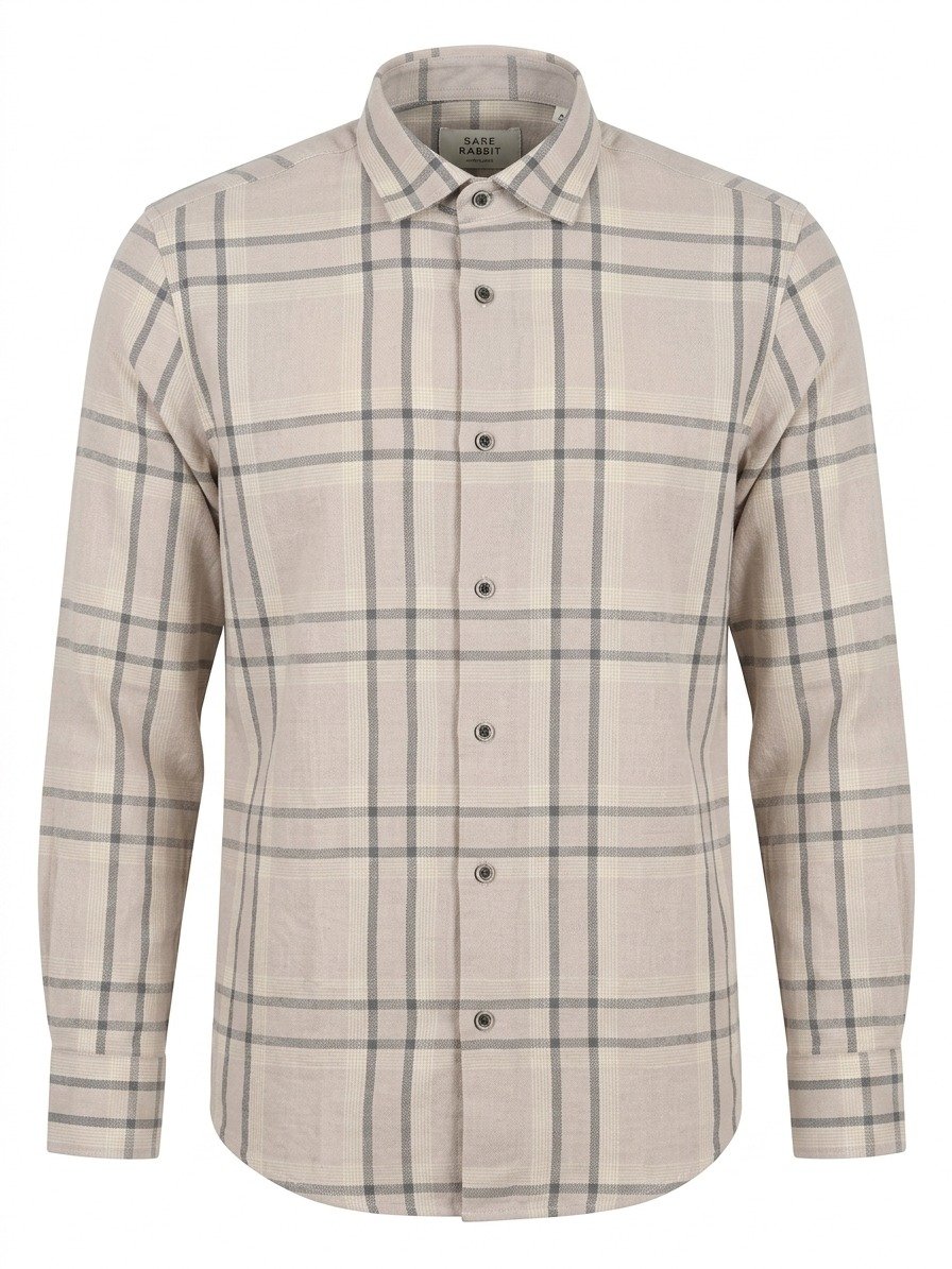 Beige Checked Formal Linen Shirt - Image 3