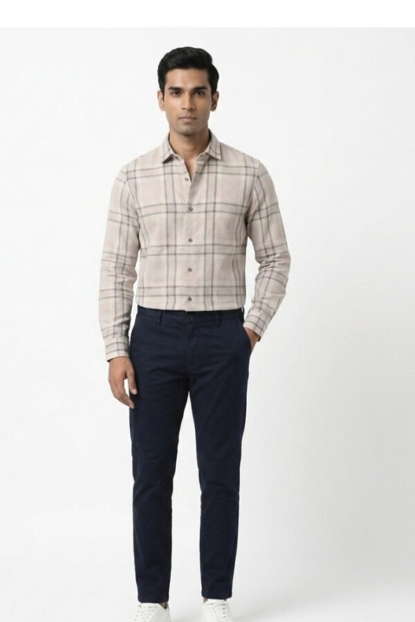 Beige Checked Formal Linen Shirt