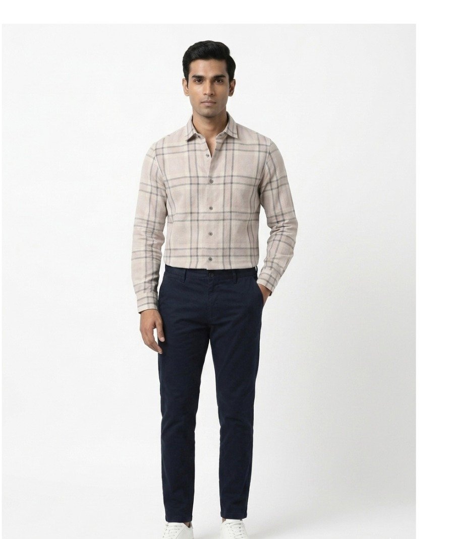 Beige Checked Formal Linen Shirt