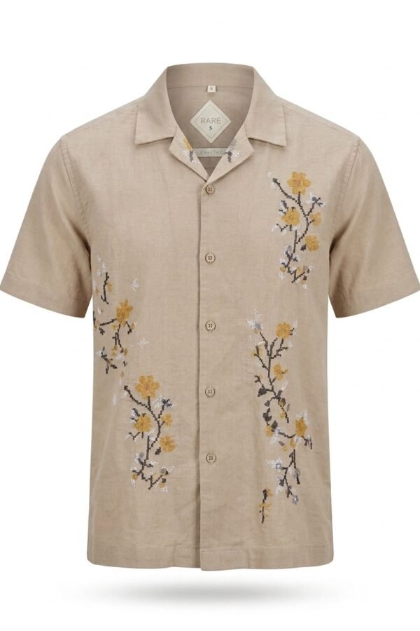 Beige Floral Embroidered Linen Shirt
